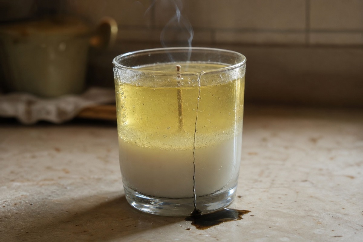 Cienka szklanka z dwuwarstwową żelową świecą o zapachu lemoniady, z długim pęknięciem od dna po krawędź i kałużą oleju na stole
