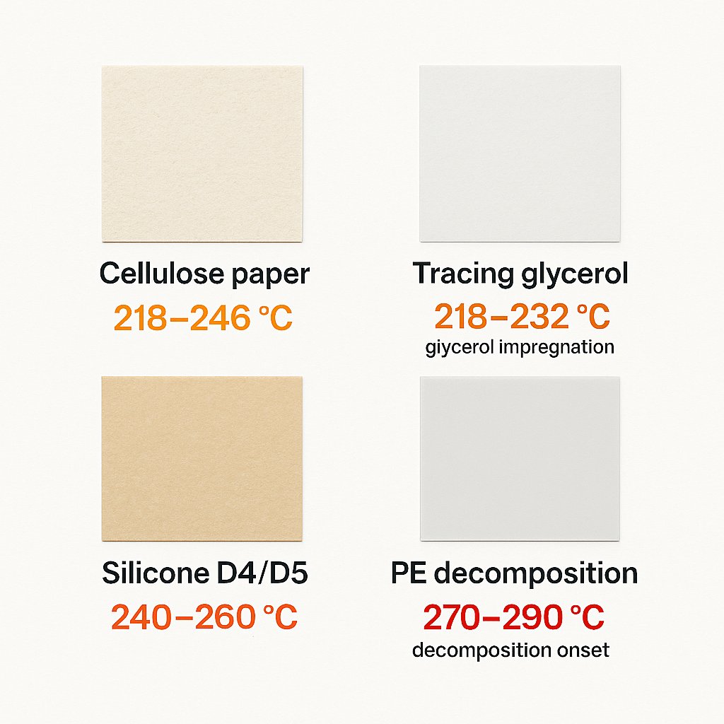 Materiały używane w świecach love-note: papier biurowy, papier kalkowy, pergamin piekarniczy i folia plastikowa