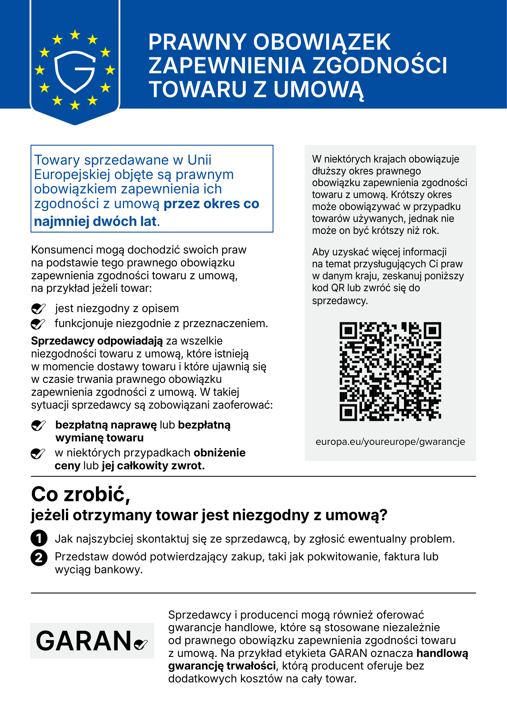 Ogłoszenie o ustawowej dwuletniej gwarancji zgodności w UE